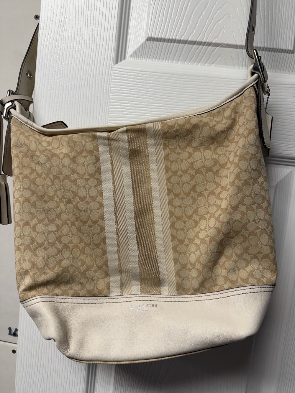 COACH Signature Y2K Stripe Metallic Convertible Hobo Bag Light Khaki Chalk 19918